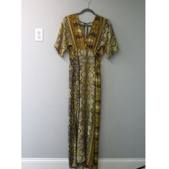 Earthbound Trading Co Women's Yellow Patterned Backless Maxi Dress Cutouts S - Picture 4 of 9